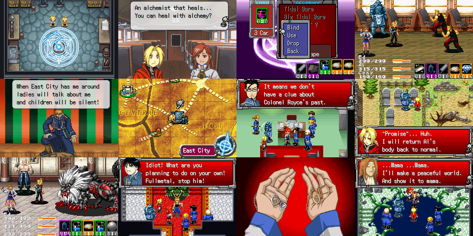 Imagens de Fullmetal Alchemist: Stray Rondo, um dos dois RPGs de Fullmetal Alchemist lançados para GBA no Japão