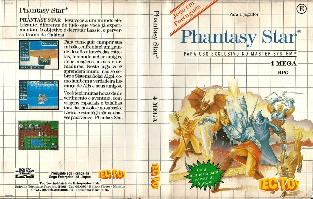 Capa de Phantasy Star lançado completamente traduzido no Brasil em 1991 pela Tec Toy