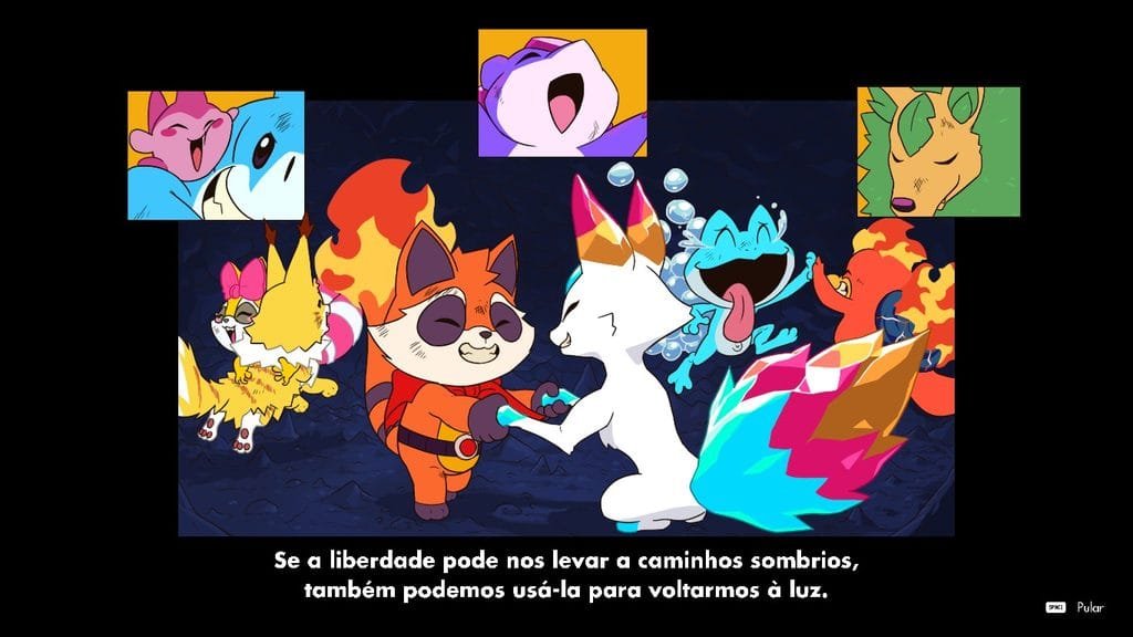 Cutscene dos créditos de Shard Squad com a pedrada: "Se a liberdade pode nos levar a caminhos sombrios, também podemos usá-la para voltarmos à luz."
