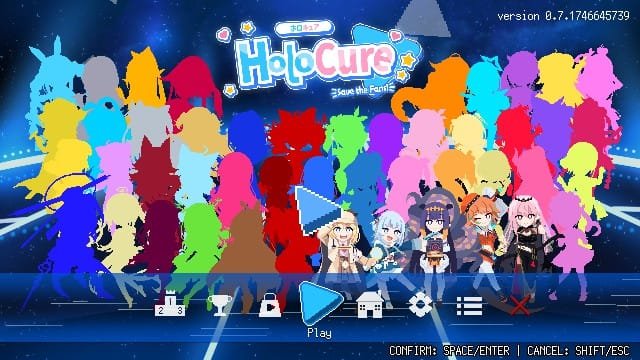 Menu inicial de HoloCure: Save the Fans! que mostra todas as personagens do jogo