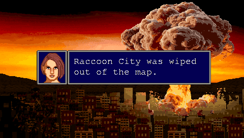 Créditos finais de Resident Evil: Survive mostrando uma narração da Jill contando sobre a destruição de Raccoon City