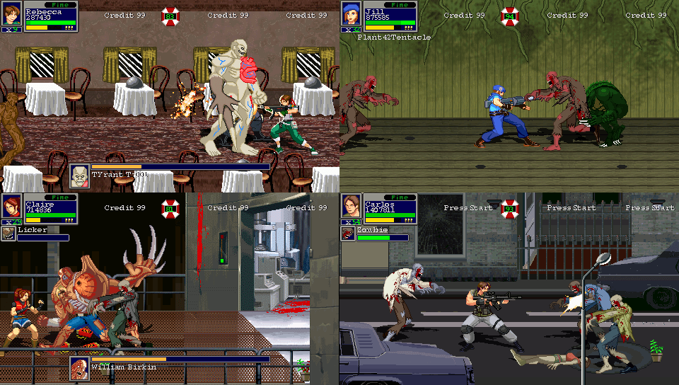 Imagem mostrando a jogabilidade do fangame Resident Evil: Survive. Na imagem há fases mostrando os eventos de Resident Evil Zero, 1, 2 e 3