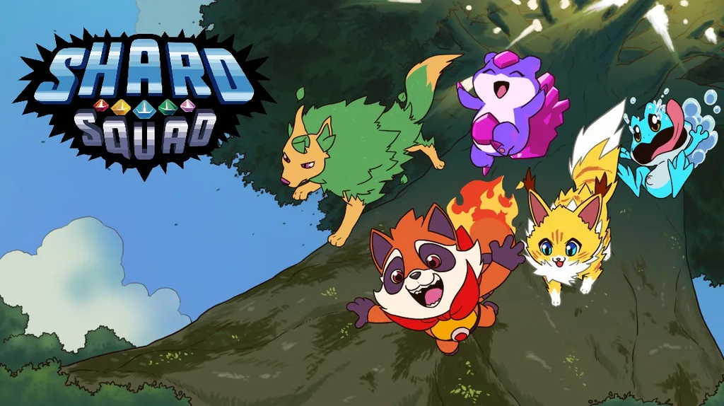 Tela de abertura de Shard Squad mostrando os cinco personagens principais do jogo