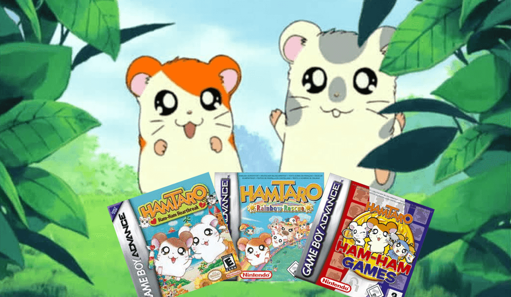 Montagem com uma imagem do desenho de Hamtaro colocando ele e Oxnard olhando para três jogos baseados na animação para Game Boy Advance: Ham-Ham Heartbreak, Rainbow Rescue e Ham-Ham Games