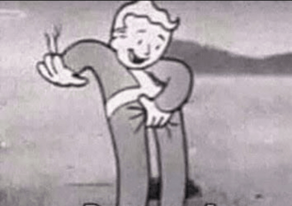 Meme do Fallout Guy agarrando a própria virilha e como se dissesse "pega aqui ó"
