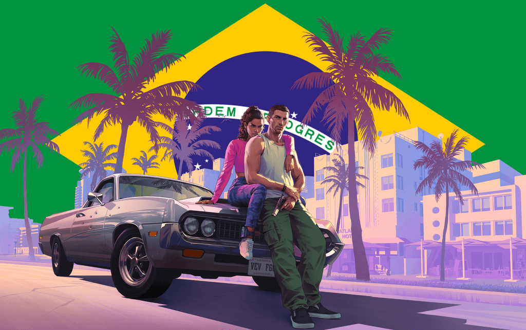 Imagem dos protagonistas de GTA VI com a bandeira brasileira ao fundo, fazendo referência a uma tradução do pronunciamento da Rockstar sobre os vazamentos de GTA VI