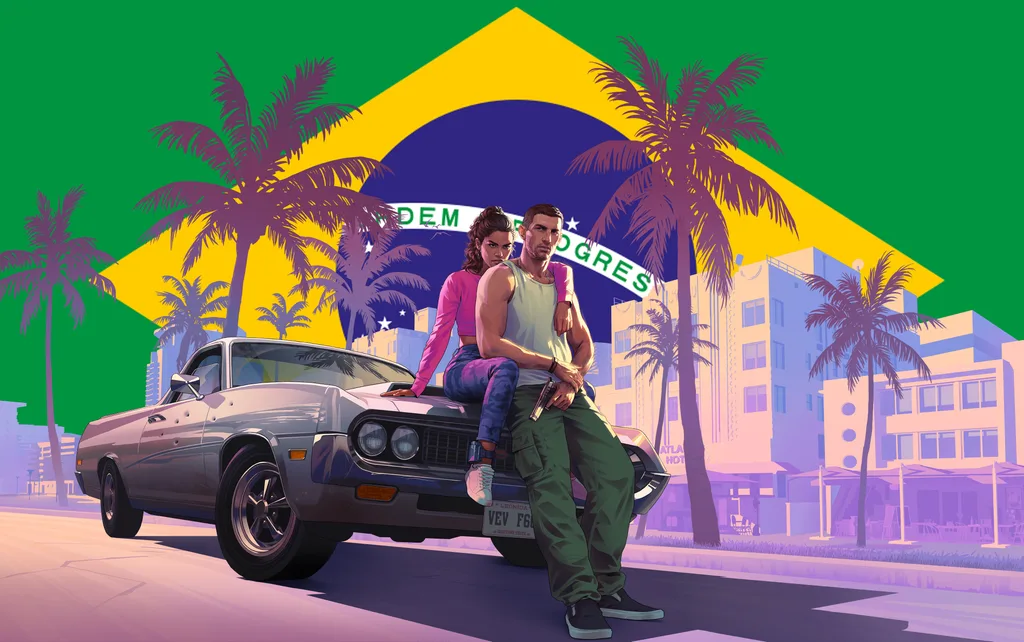 Imagem dos protagonistas de GTA VI com a bandeira brasileira ao fundo, fazendo referência a uma tradução do pronunciamento da Rockstar sobre os vazamentos de GTA VI