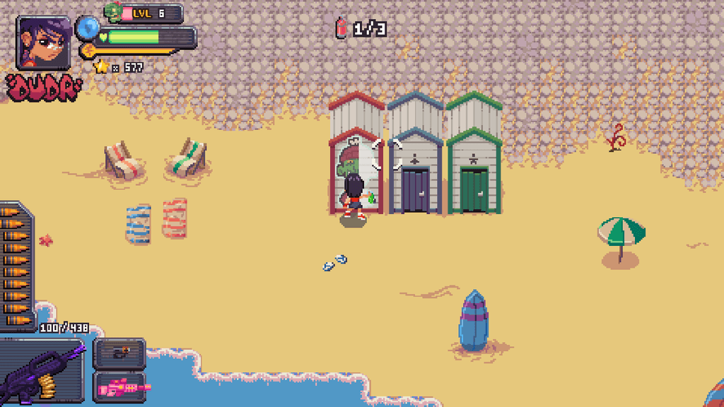 Duda, uma das personagens de Ghetto Zombies: Graffiti Squad, pichando uma cabana na praia