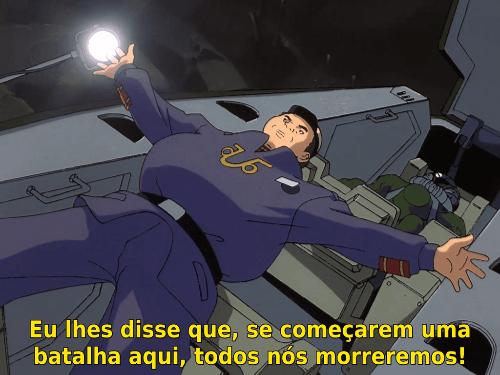 Soldado moonrace tentando evitar a explosão de uma míssil nuclear em Turn A Gundam 