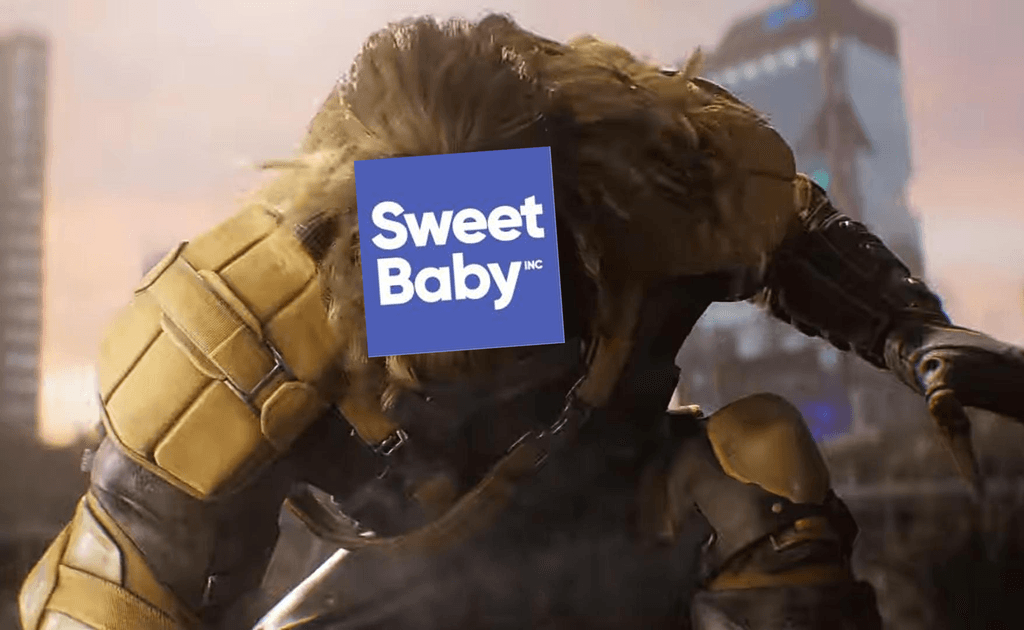 Dentre de Sabre, personagem do jogo Marvel's Wolverine, com o rosto editado com a logo da Sweet Baby Inc