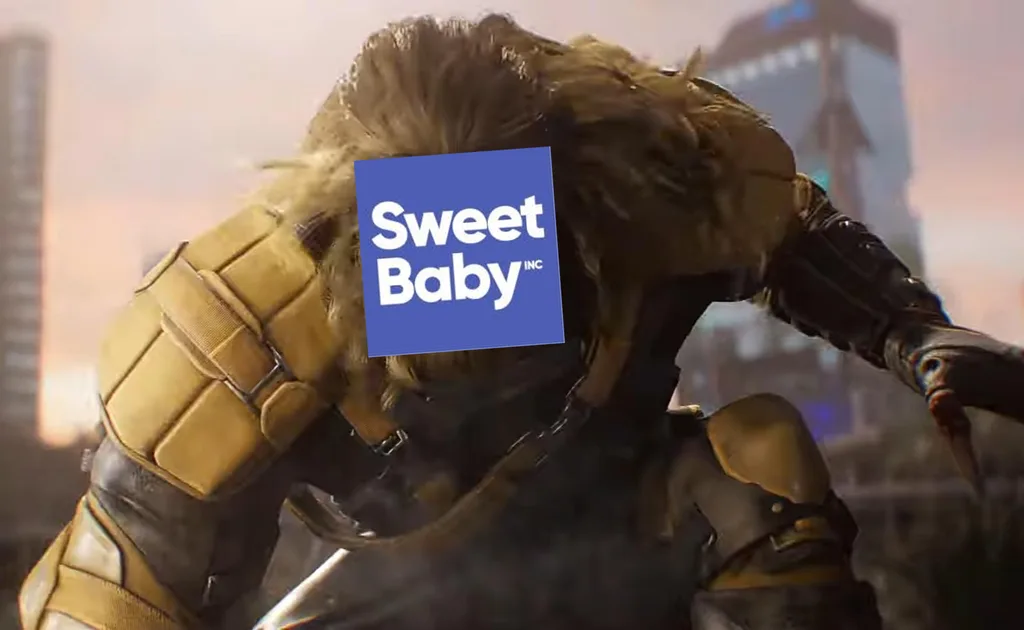Dentre de Sabre, personagem do jogo Marvel's Wolverine, com o rosto editado com a logo da Sweet Baby Inc