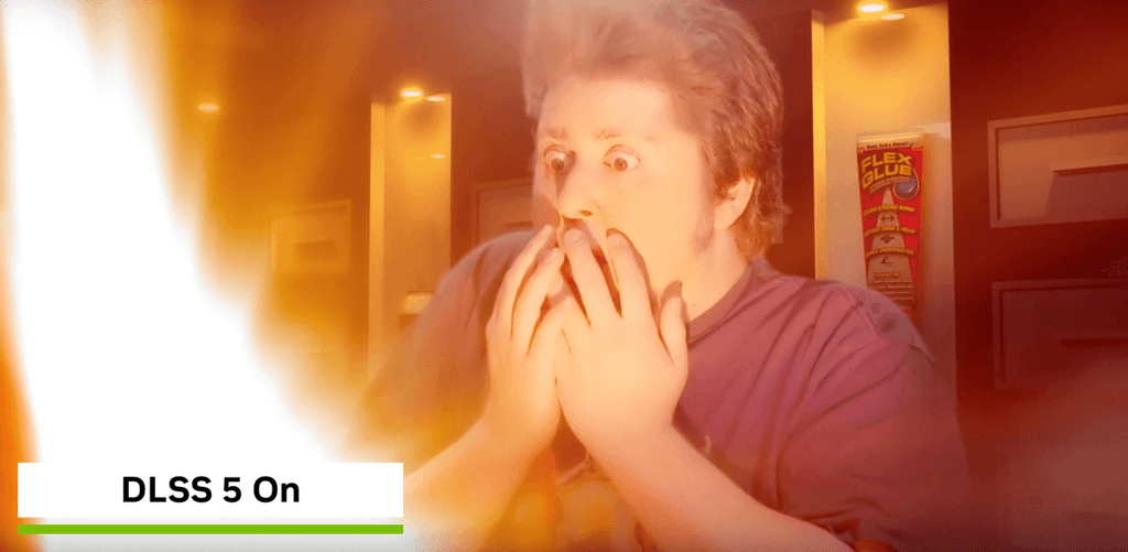 Meme do Flex Glue em que um homem olha maravilhado para a luz que sai de uma caixa. A imagem foi editada colocando o DLSS 5 junto da luz