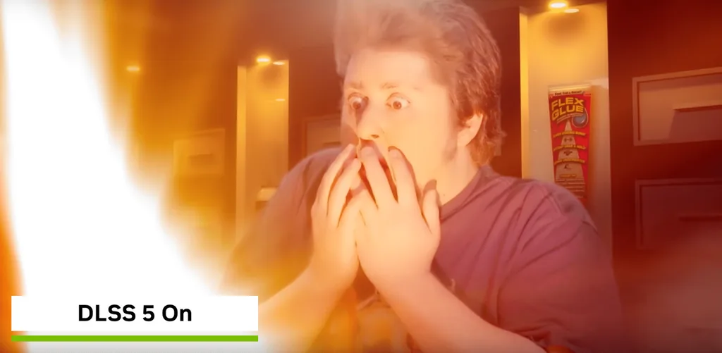 Meme do Flex Glue em que um homem olha maravilhado para a luz que sai de uma caixa. A imagem foi editada colocando o DLSS 5 junto da luz