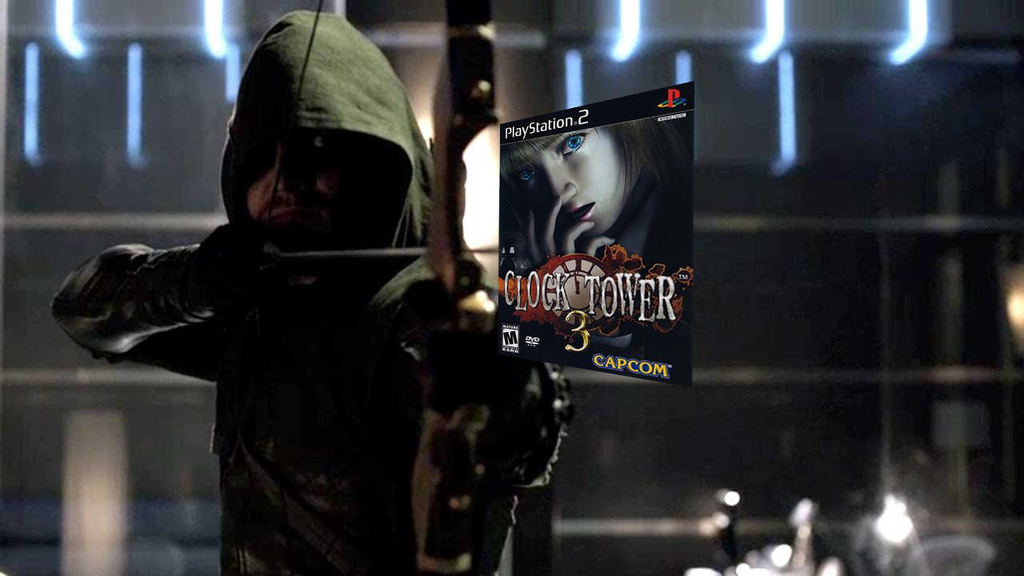 Imagem da série Arrow mostrando o Arqueiro Verde puxando seu arco editada com a capa do jogo Clock Tower 3 na ponta da flecha